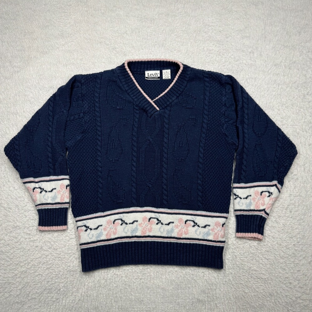 Vintage Levi Strauss & Co Florwl Striped V-neck Knit Sweater Blue Women's Size M